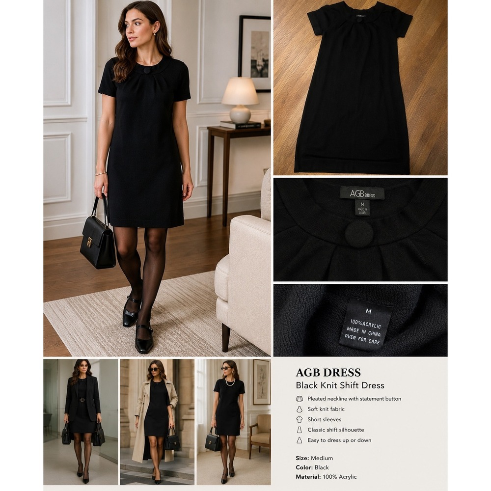 AGB Dress Women M Black Knit Shift Dress Short Sleeve Pleated Neck Button Mod